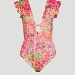 NWT Beth Richards Free People Sophia Roopa Pink Garden One Piece Swimsuit